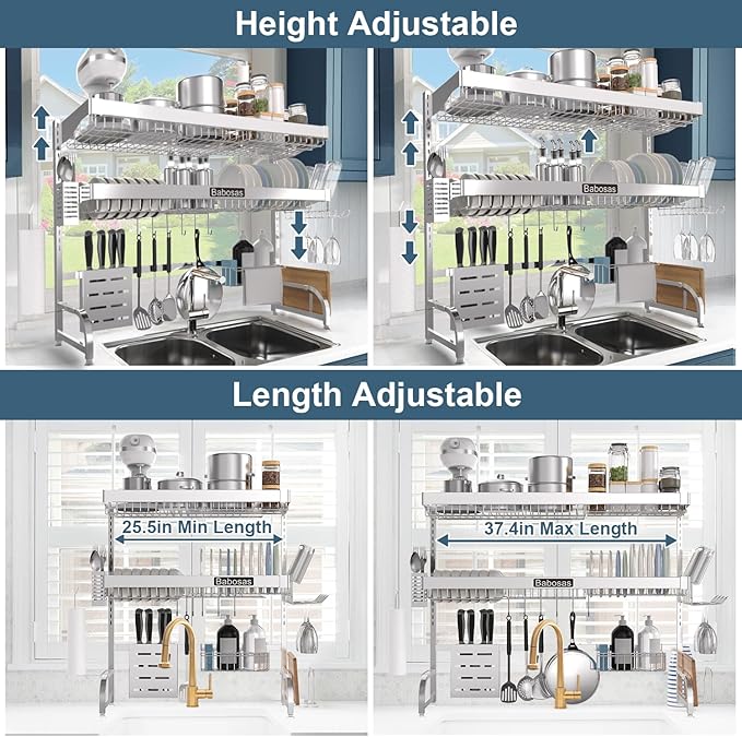 Over The Sink Dish Drying Rack,3 Tier Adjustable Length (25.5'' to 37.4'') Full Stainless Steel Large Storage Kitchen Dish Rack,For Kitchen Counter Expandable Multifunctional Organizers,Silver