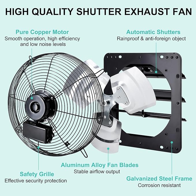 14 Inch Wall Mounted Shutter Exhaust Fan with Thermostat and Speed Controller for Attic, Greenhouse, Shed, Garage, Chicken Coop, Shop, Barn Ventilation, 1088 CFM High Power Louvered Vent Fan