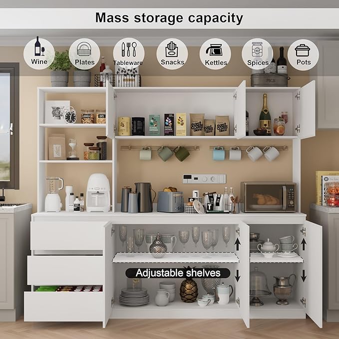 Extra Large Kitchen Pantry with Microwave Shelf, Kitchen Hutch Storage Cabinet with Countertop, Freestanding Countertop Cabinet with 3 Drawers and 3 Open Shelves, White