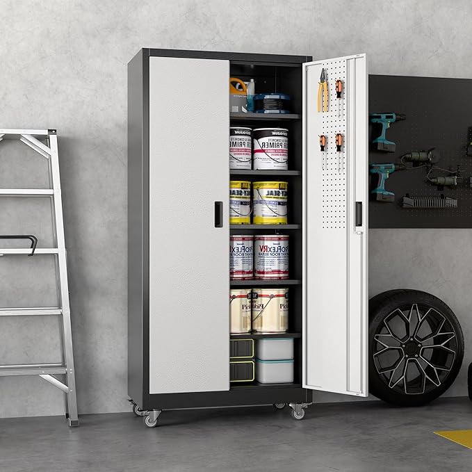Aobabo Upgraded Garage Storage Cabinets with Wheels,Metal Storage Cabinets with 5 Adjustable Shelves for Garage Home Office Storage, Black&Silver,71''H*32''W*16''D,Assembly Required