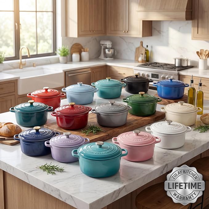Zulay Kitchen 5 Quart Enameled Cast Iron Dutch Oven Pot with Lid – Premium Durability & Oven Safe up to 500°F – Heavy Duty Cookware Perfect for Bread Baking, Stews, Braising & Roasting – Emerald