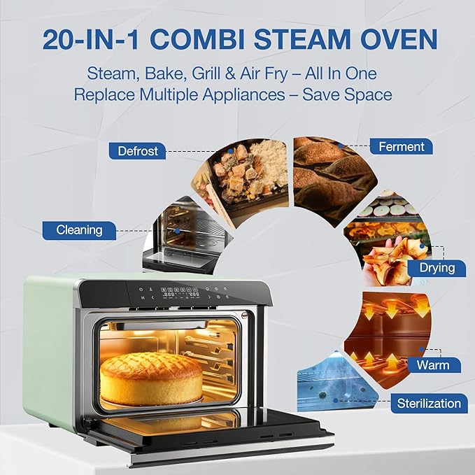 ROBAM Countertop Combi Steam Oven, 20-in-1 Multifunction Air Fryer, Convection Steam Roast & Bake, Multi-Stage Cooking, Self-Clean, Heat-Resistant, 7 Modes, 30 Built-In Recipes CT763 (Green)
