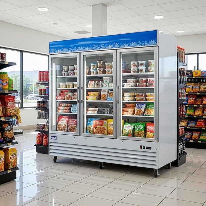 Kratos Commercial Three Door Merchandising Freezer, Large Glass Door White Mobile Display Freezer for Markets and Stores, 78" Wide, LED Lighting, 115V (67K-229)