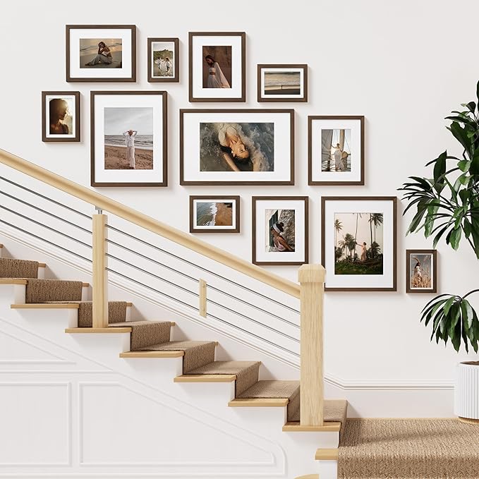 Vittanly 12x16 Picture Frame Set of 2, Solid Wood Frame for Wall Art Photo and Prints, Display Photo 8.5x11 with Mat or 12x16 without Mat, Brown