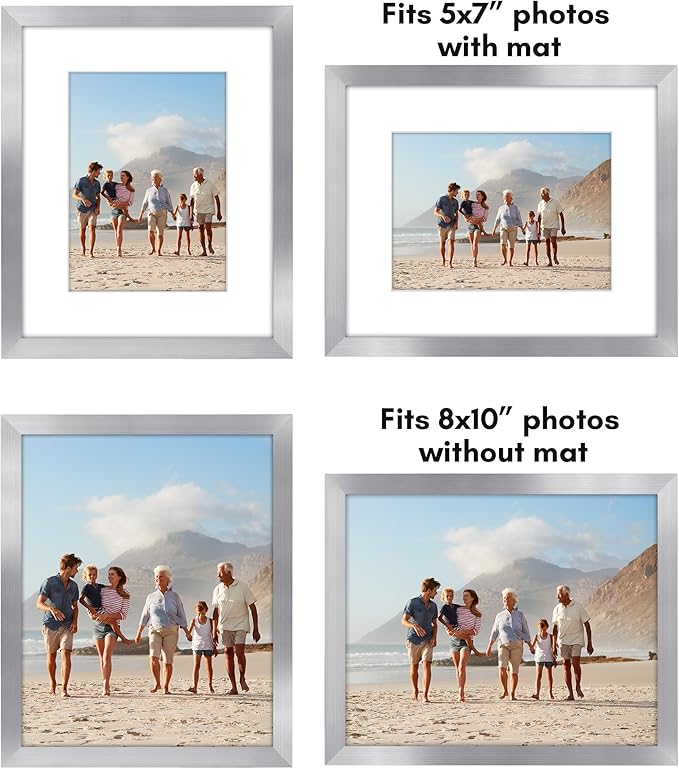 Americanflat 8x10 Picture Frame with Plexiglass - Set of 5 - Use as 5x7 Frame with Mat or Display 8x10 Photo Without Mat - Galleria Collection - Picture Frames for Tabletop or Wall - Silver