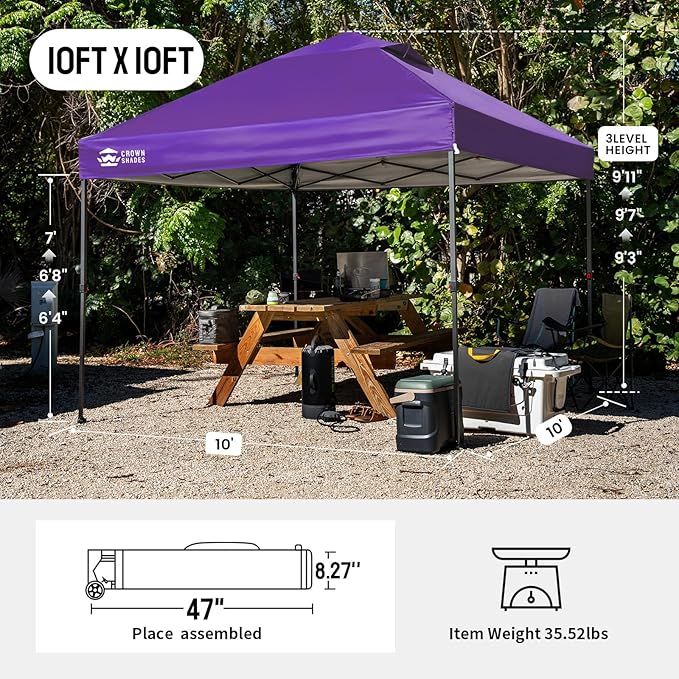 CROWN SHADES 10x10 Pop Up Canopy - Patented Center Lock One Push Instant Outdoor Canopy Beach Tent with STO-N-Go Bag 8 Stakes & 4 Sand Bags，Purple
