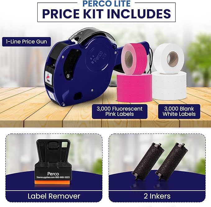 Perco Lite 1 Line Price Gun with Labels Kit - Includes 3 White Rolls, 3 Fluorescent Pink Rolls, 2 Ink Rollers, 1 Ink roll and Labels Pre-Loaded