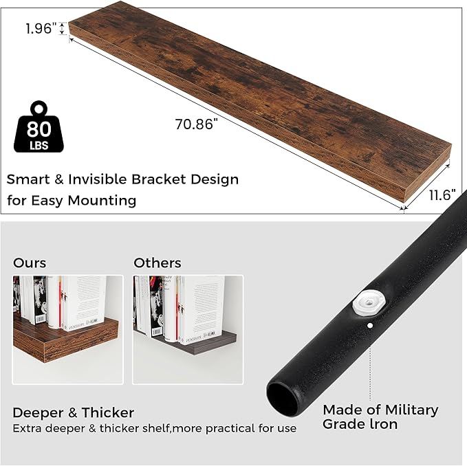 Floating Shelves for Wall 72"W x 11.6"D x 2"H, Engineered Wood Wall Shelves with Invisible Brackets for Living Room Bedroom Bathroom Office Kitchen Decor and Storage, Rustic Brown Finish, Set of 1