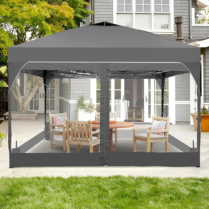 Saemoza 12x12 Pop Up Canopy Tent with One Push Setup, Outdoor Sun Shade Canopy for Backyard Party, Easy Up Instant Shelter with 4 PVC Transparent Sidewalls, 4-Sandbags & Wheel Bag, Grey.
