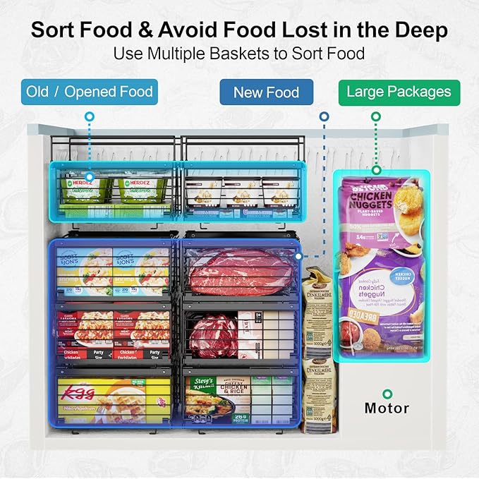 iSPECLE Deep Freezer Organizer Bins for 10 to 20 Cu.Ft, 4 Pack Stackable & Hanging Baskets, Expandable Metal Wire Storage System, Fits 17.5"-22.6" Width, Chest Freezer Only, Black