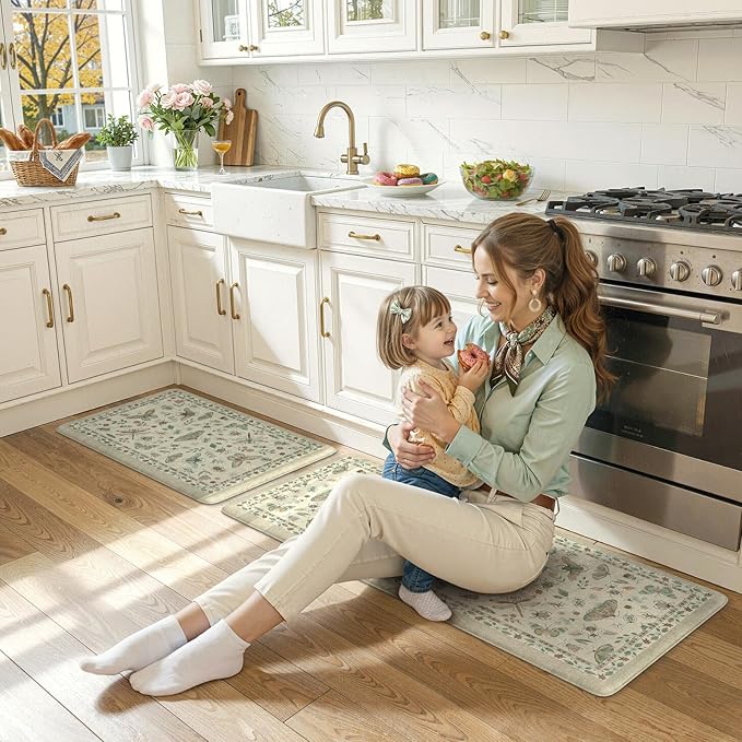 LEEVAN Anti Fatigue Mats for Kitchen Floor Non-Slip, Cushioned Kitchen Mats for Floor 20''x31''+20''x47'', Tan Memory Foam Kitchen Mat Sets