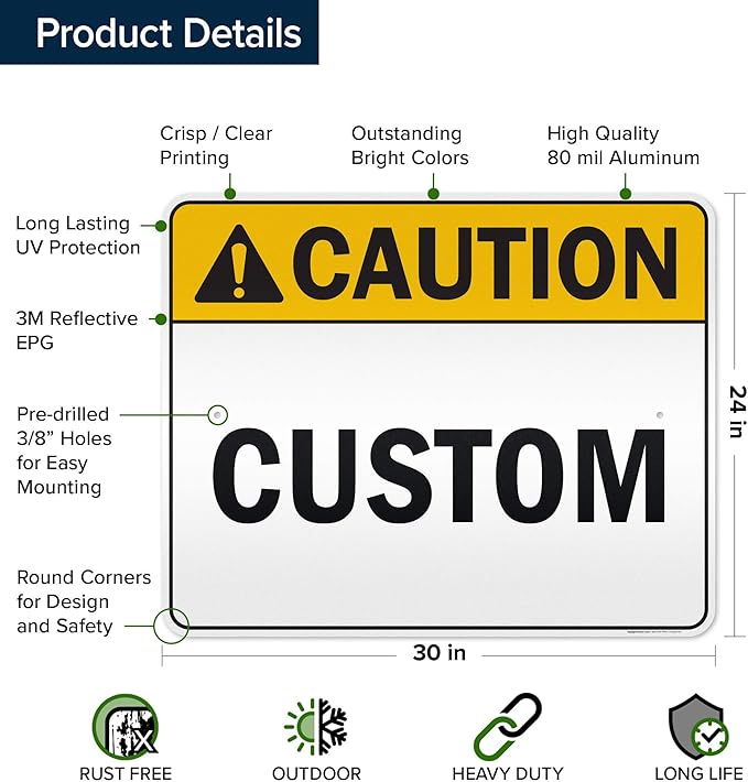 Custom Caution Sign, Ansi Sign, Osha Compliant, 24x30 Inches, 3M EGP Reflective, Rust Free .080 Aluminum, Fade Resistant, Made in USA by My Sign Center