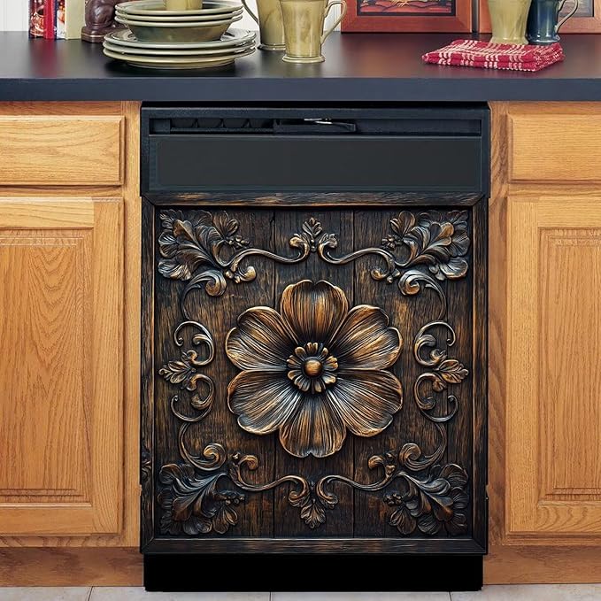 Vintage Wooden Floral Dishwasher Magnet Cover,Flower Carved Wood Magnetic Dishwasher Cover Vinyl Sticker,Rustic Wood Fridge Door Cover Magnets Art Skin Panel Decal,Home Decor Decal,23"X26"
