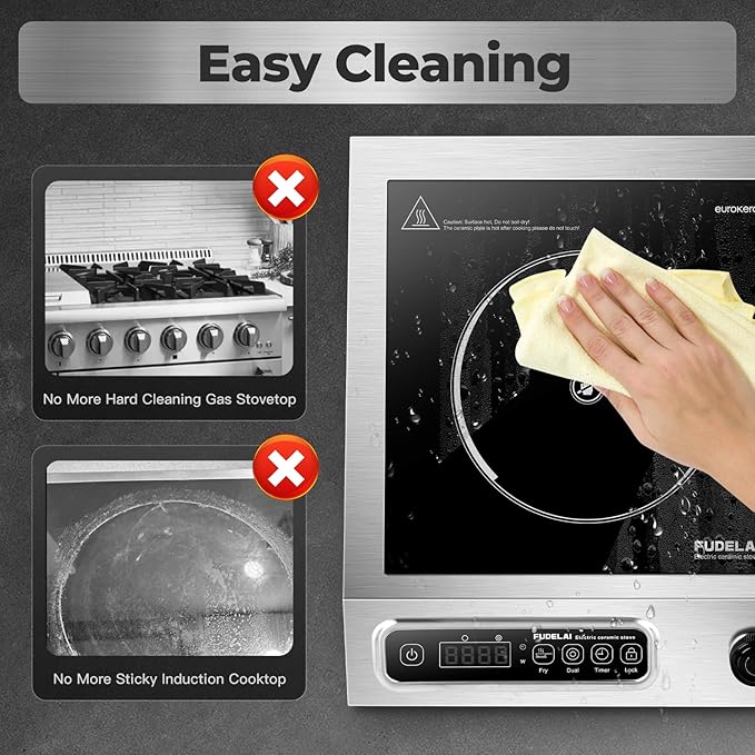 1800W Commercial Grade Electric Cooktop with 9 Power Levels - Electric Burner with EUROKERA Micro-Ceramic Panel, Infrared Cooktop with Timer, Safety Lock, For Restaurant, Home Kitchen Use