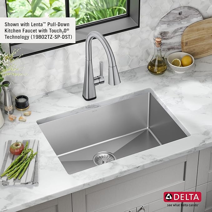 DELTA FAUCET Delta Lenta 26-inch Undermount 16 Gauge Stainless Steel Single Bowl Kitchen Sink with Accessories, 953034-26S-SS, Satin