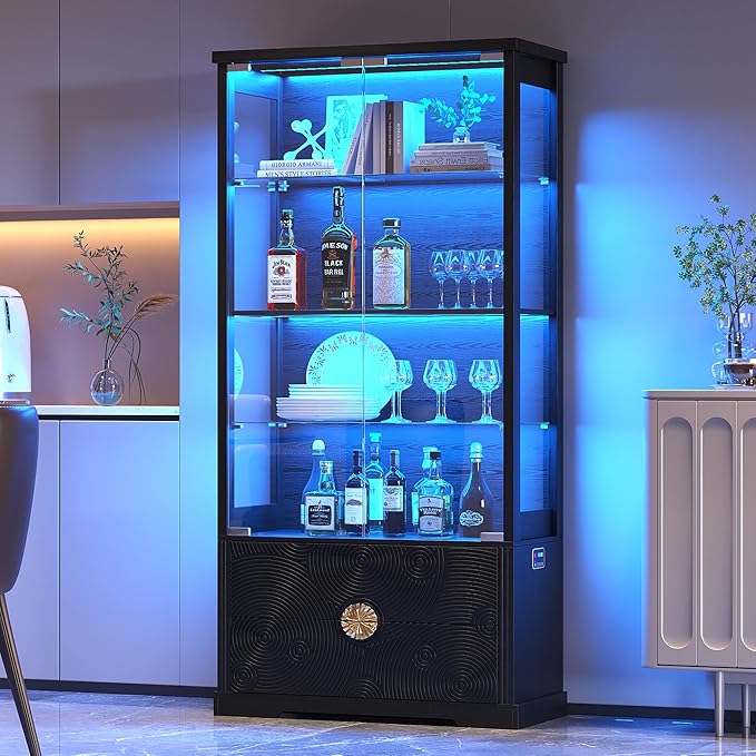 RGB Glass Display Cabinet with Door, 4-Tier Curio Cabinet with 2 Drawers and Adjustable Glass Height Showcase, Display Case with 3 LED Light and Human Body Sensor, Black