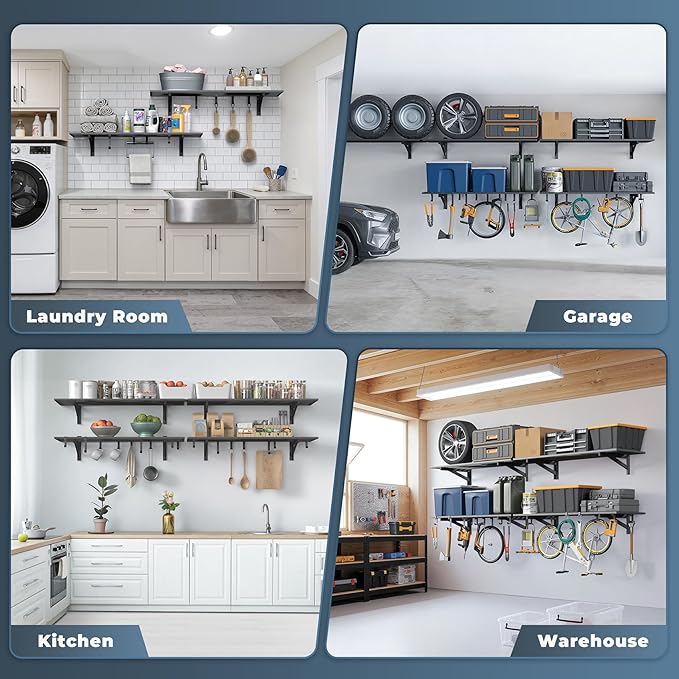 2-Pack 1.5x4ft Garage Shelving Wall Mounted, 1.5' x 4' Heavy Duty Garage Storage Shelves with Hooks, 500LB Capacity