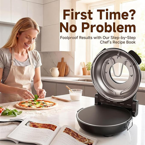 12-Inch CrustyBake Beginner's Black Glazed Stone Pizza Oven: Quick 800°F Heating, Easy-Clean Design, Recipe Book & All Tools Included - Perfect for First-Time Pizza Makers at Home