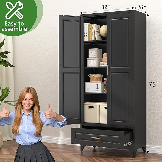 75” Kitchen Pantry Storage Cabinet,Metal Tall Storage Cabinet with Drawers and Adjustable Shelves,Modern Kitchen Hutch Cabinets,Freestanding Cupboard for Living Room