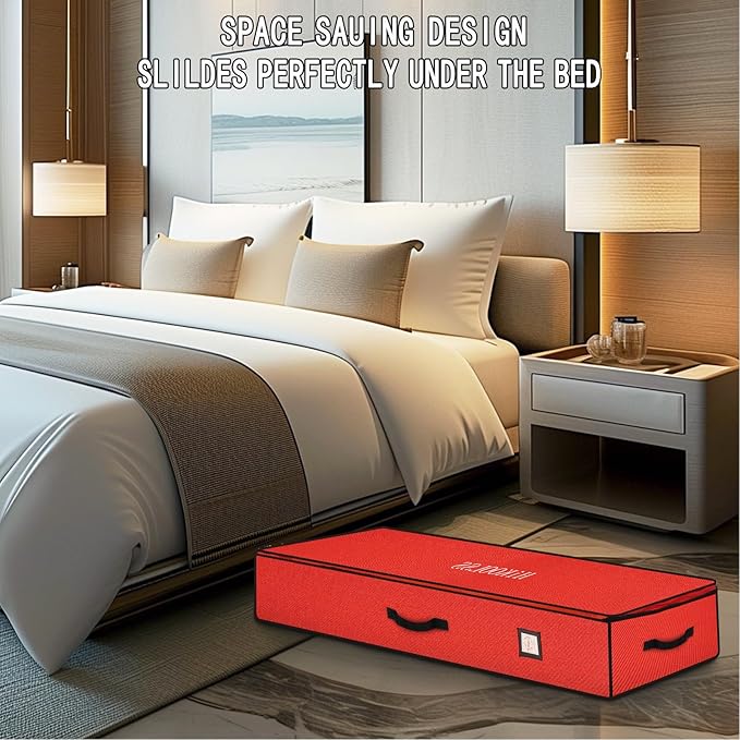 HikooLSS Wrapping Paper Organizer Storage Container 600D Heavy Duty Tear Proof for Holiday Christmas Gift Wrapping Storage with Flexible Partitions Storage Container for Ribbon, Accessories (Red)