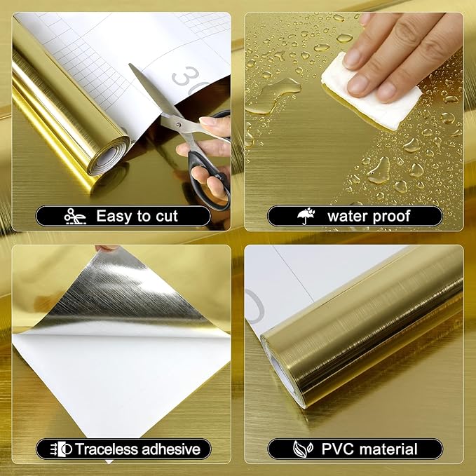 Gold Metallic Contact Paper Peel and Stick Countertop Contact Paper Self-Adhesive Waterproof DIY Decor Wallpaper for Shelf Liner Fridge and Cabinets A Set of 15.7"x480"