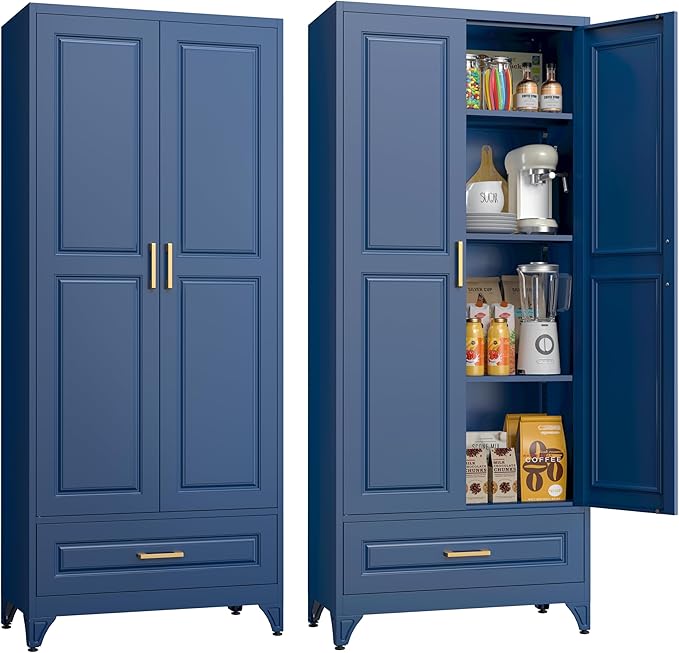 75" Tall Metal Storage Cabinet, Kitchen Pantry Storage Cabinets with Doors and 3 Shelves, Blue Pantry Cabinet with Drawer, Utility Kitchen Cupboard, Large Steel Cabinets for Living Room