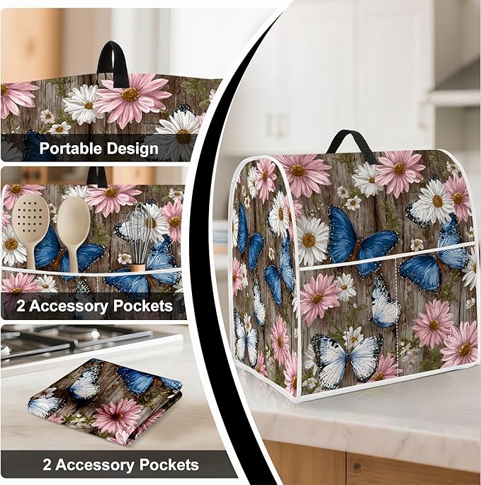 Stand mixer cover with handle and storage bag, reusable and washable, stylish retro floral design, keeps kitchen countertops clean and tidy (fits 6-8 quart mixers).