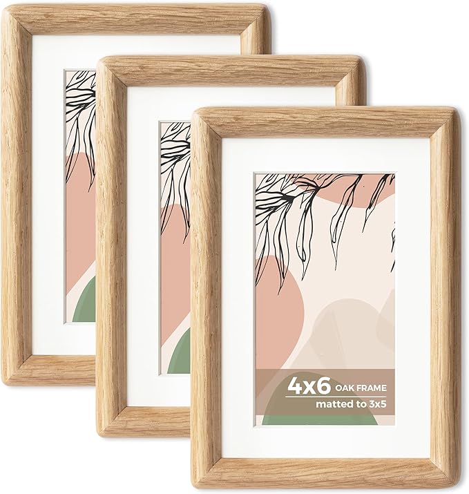 Axeman 4x6 Oak Frame Set of 3 - Rounded Corner 4 x 6 Picture Frame Matted to 3.5x5 - USA-Sourced Oak Wood 4x6 Photo Frame with Tempered Glass for Tabletop or Wall Mount Display