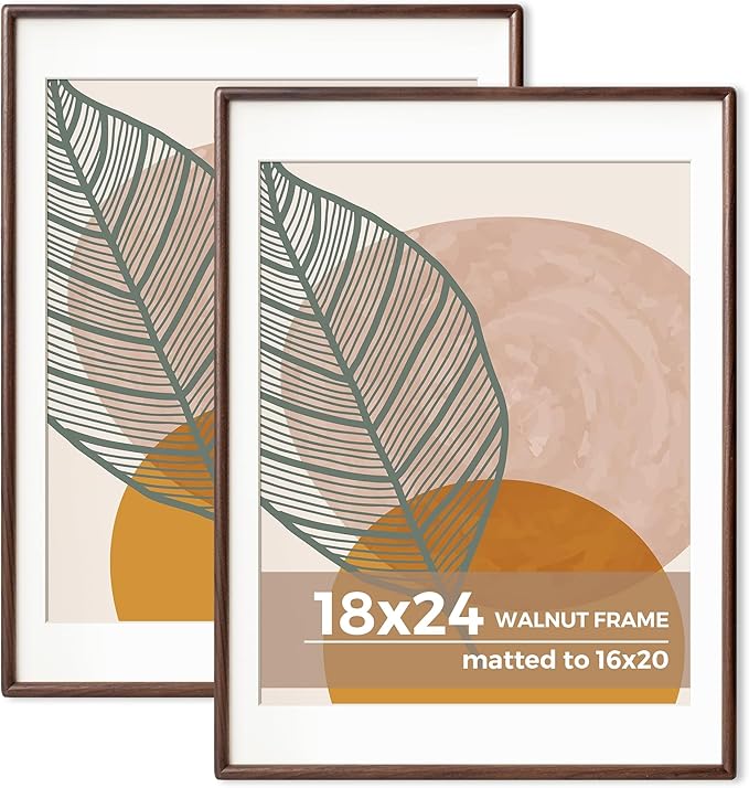 Axeman 18 x 24 Walnut Frame Set of 2 - Rounded Corner 18x24 Picture Frame Matted to 16x20 - Natural Walnut Wood Poster Frame with Tempered Glass for Wall Mount Display