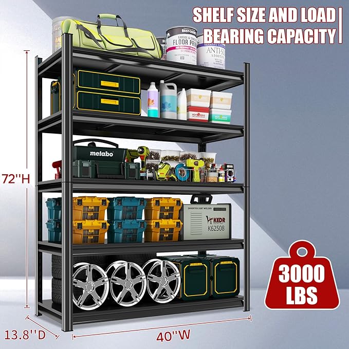 72" H Garage Shelving Unit | Heavy Duty 5-Tier Steel | 3000LB Capacity | Garage & Basement Storage | Industrial-Grade Metal Shelving for Warehouses & Workshops | Adjustable, Rust-Resistant, Black