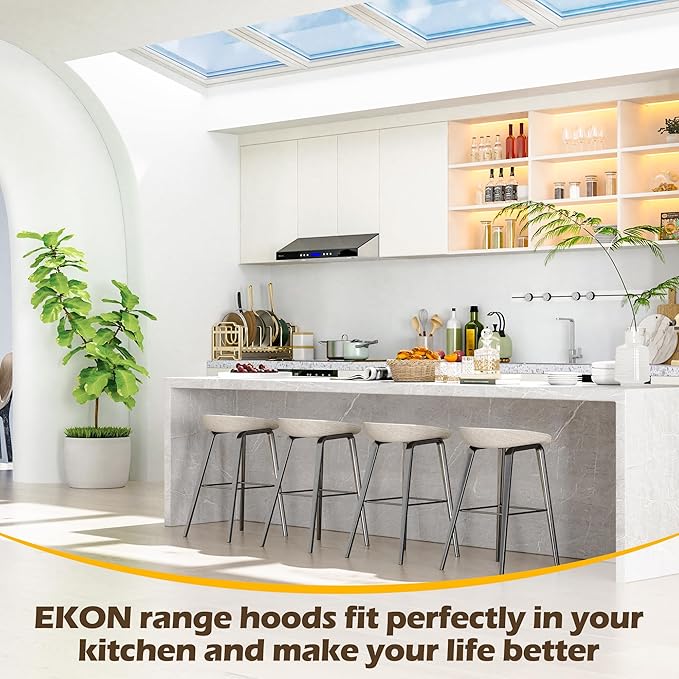 EKON 30 Black New inches Under Cabinet Range Hood, 900 CFM Stainless Steel Kitchen Chimney Vent, 4 Speed Touch Screen Control With Remote 2Pcs 3W LED lights Dishwasher-safe Filters Fan Timer