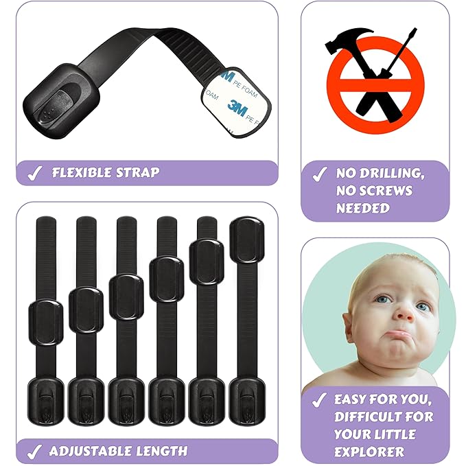Baby Proofing Safety Cabinet Locks - Child Proof Latches for Drawer Cupboard Dresser Doors Closet Oven Refrigerator - Adjustable Childproof Straps by Oxlay - Black - 6 Pack