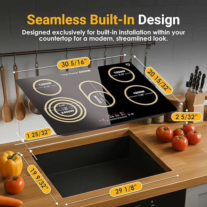 K&H 4 Burner Electric Cooktop - 24 Inch Built-In Radiant Ceramic Stove Top - 9 Power Levels & Touch Control, Compatible with All Cookware, 240V, 8600W High-Power Built-in Electric Stove, CE24-7206SL