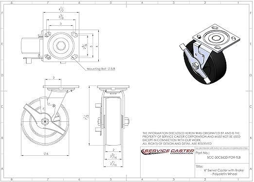 Service Caster Brand Replacement Caster for Uline Caster H-3322SWB- Swivel Top Plate Caster with 6 Inch Polyolefin Wheel and Top Lock Brake - Fits Platform, U-Boat and Panel Trucks H-2667