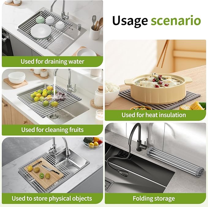 Foldable Over Sink Dish Drying Rack - Stainless Steel Sink Drain Rack with Silicone Edges, Roll-Up Storage for Kitchen, RV, Dorm Sinks (18.5×13.7 in)