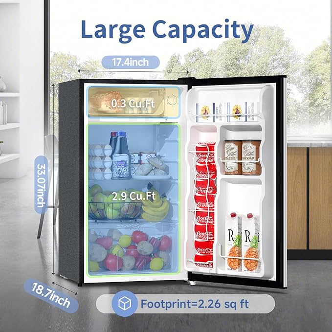 BANGSON Mini Fridge with Freezer, 3.2Cu.Ft, Single Door Small Refrigerator, Energy-Efficient, Low Noise, Mini fridge for Bedroom Dorm and Office, Silver