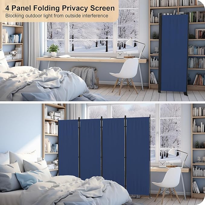 Room Partitions and Dividers 4 Panel Portable Wall w/ 3 Wider Feet Folding Room Divider 6FT Privacy Wall Indoor as Dressing Screen for Apartment School Office Children's Separate Rooms,Blue