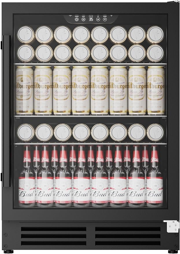 Coolake 24 Inch Wide Under Counter Beverage Refrigerator, 180 Can Capacity Beverage Cooler with Glass Door, Built in or Freestanding, Drink Fridge for Basement, Kitchen, Office