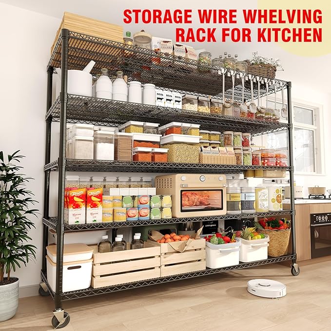 GarveeLife 82" H Storage Shelves with Wheels 3300 LBS Heavy Duty Metal Shelving 5-Tier Wire Shelving for Corner Storage Rack Adjustable Pantry Shelf for Kitchen Pantry, 82" H x 59" W x 23.5" D