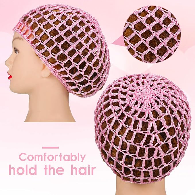 Geyoga 4 Pieces Mesh Crochet Hair Net Rayon Knit Snood Hat Thick Short Women Hairnet Snoods Cover Ornament for Sleeping (Pink, Black, Blue, Purple)
