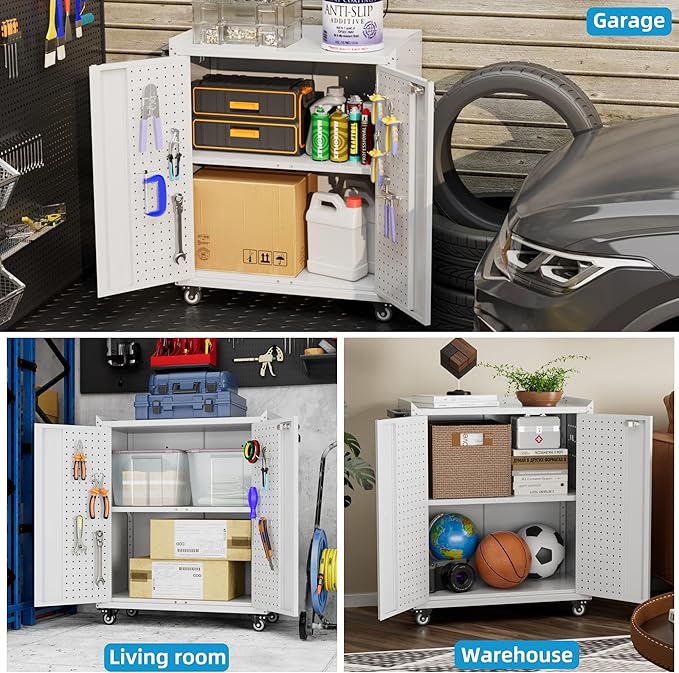 Aobabo 34.3" H Garage Storage Cabinet with Wheels,Lockable Metal Storage Cabinet with 2 Doors for Garage Home Office Storage,White,Assembly Required