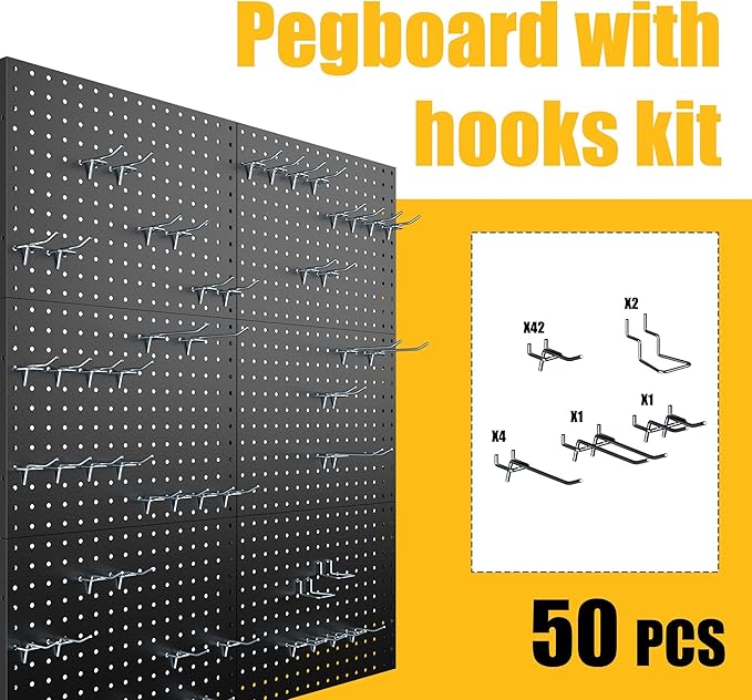 Peg Board, 6 Pack Metal Pegboard Panels Black Pegboards Wall Organizer with 50 Hooks, Heavy Duty Peg Board for Walls Home, Garage Tool Storage, Office Organization, Craft Room, Kitchen
