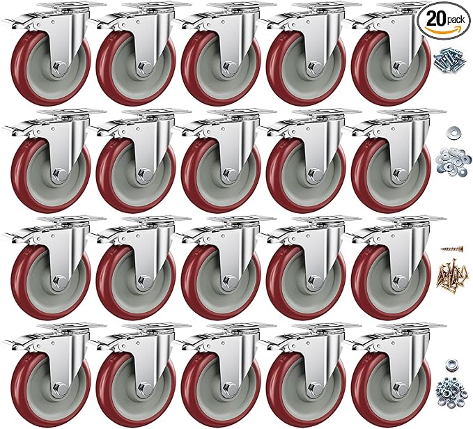 5 Inch Heavy Duty Casters with Brake - Set of 20, 1400lbs Capacity, Double Ball Bearing Non-Marking Caster Wheels, Plate Mount for Furniture, Cart, Workbench, Tool Cabinet, Garage Storage (20 Pack)