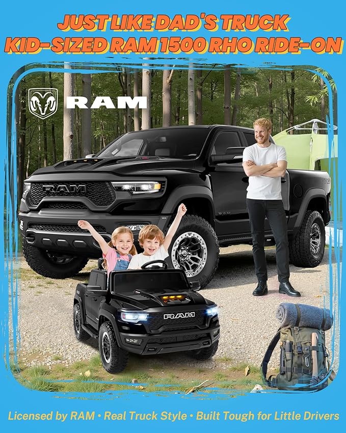 ENYOPRO 24V Ride on Toys for Big Kids, Licensed RAM 1500 RHO 2 Seater Toddlers Ride on Car w/Remote Control, Kids Electric Car w/Truck Bed Storage, Real Tailgate, Music, LED Lights (Black - High Door)