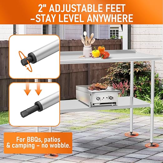 HOCCOT Stainless Steel Table 30" x 48" with Adjustable Undershelf and Backsplash, Commercial Metal Workstations for Kitchen, Garage, Outdoor BBQ