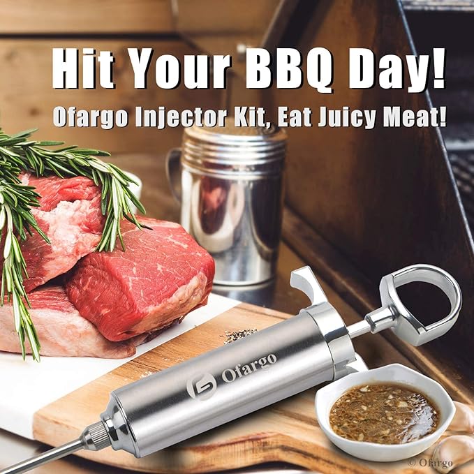 Ofargo Stainless Steel Meat Injector Syringe Kit with 4 Marinade Needles for BBQ Grill Smoker, Valentines Day Gifts for Men Dad Husband Him, 2-oz Large Capacity, Both Paper User Manual and E-Book Recipe