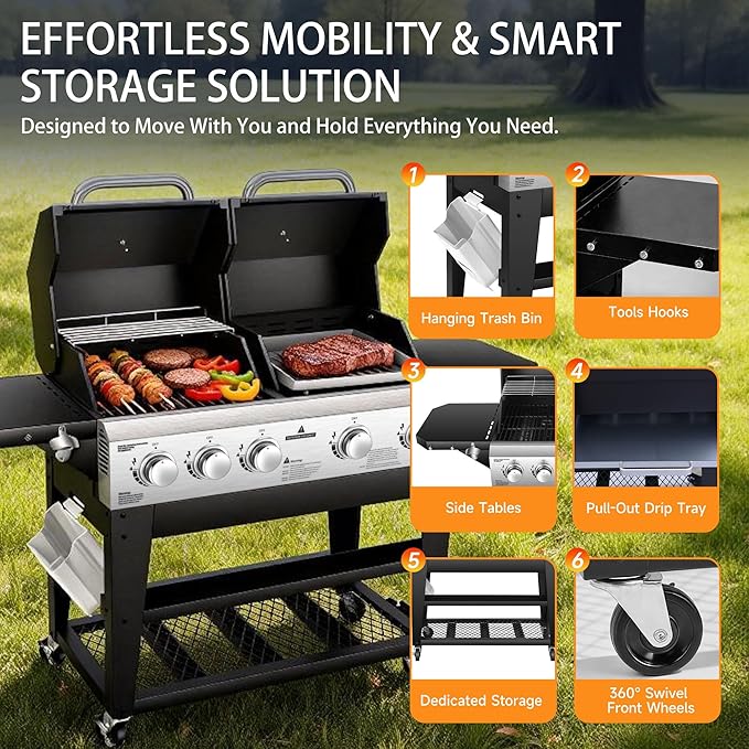 2 in 1 Gas Grill and Flat Top Griddle Combo 54,000 BTU Dual Cooking System, 5-Burner Grill Stove Stainless Steel Panel, Porcelain-Enameled Grate & Heavy-Duty Griddle for Outdoor Cooking