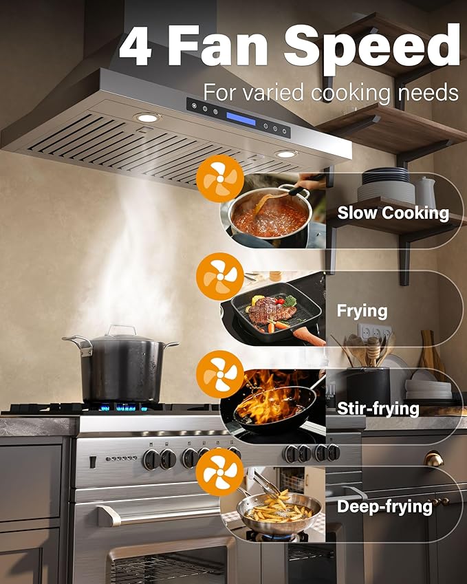 30 inch Stainless Steel Wall Mount Range Hood - 900 CFM, Ultra-Quiet 4-Speed Vent, Touch/Remote Control LCD, LED Lights, Ducted/Ductless Convertible