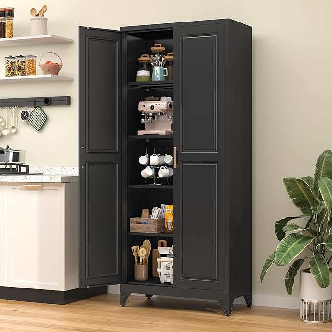 75” Tall Kitchen Pantry Cabinet,Metal Storage Cabinet with Doors and Adjustable Shelves,Modern Kitchen Hutch Cabinets,Freestanding Cupboard for Dining Living Room