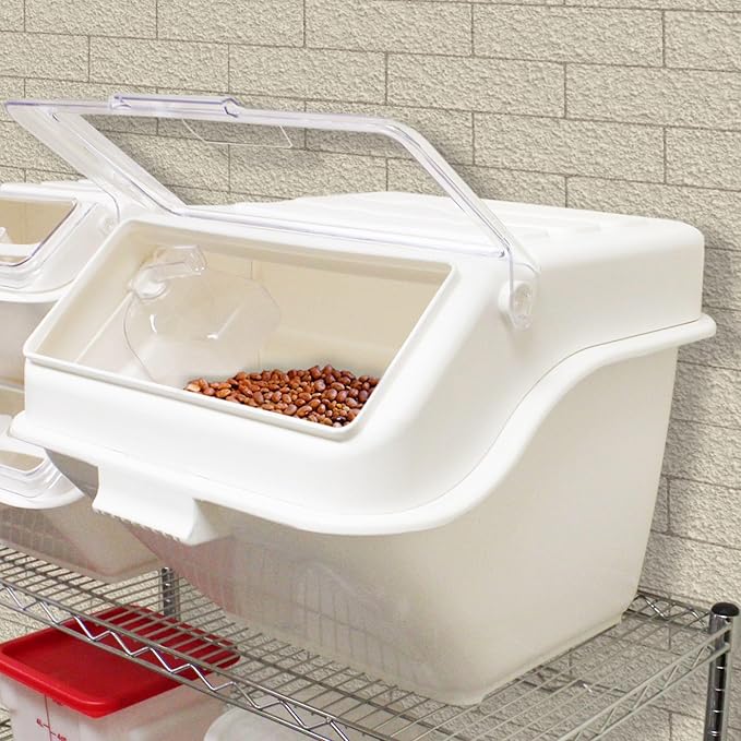 TrueCraftware- 10 Gallon (150 Cups) Shelf Ingredient Bin White with Clear Flip Top Lid & Measuring Scoop- Stackable Plastic Kitchen Pantry Storage Bin for Dry Food Flour Sugar Kitchen Restaurant